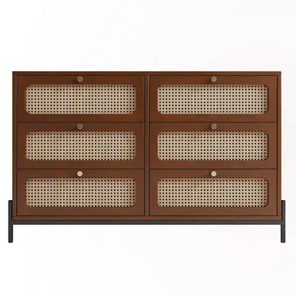 Commode 6 tiroirs en rotin – Noir/Noyer, Style bohème moderne, Assemblage à 2 personnes