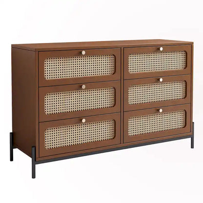 Commode 6 tiroirs en rotin – Noir/Noyer, Style bohème moderne, Assemblage à 2 personnes