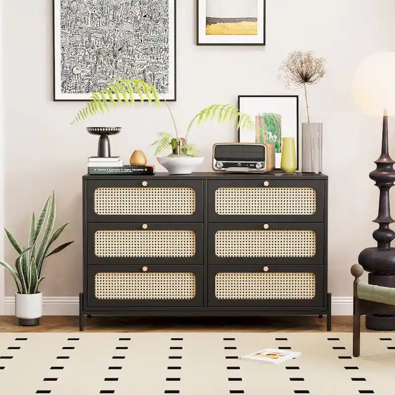 Commode 6 tiroirs en rotin – Noir/Noyer, Style bohème moderne, Assemblage à 2 personnes