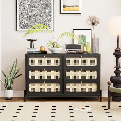 Commode 6 tiroirs en rotin – Noir/Noyer, Style bohème moderne, Assemblage à 2 personnes