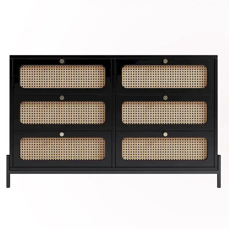 Commode 6 tiroirs en rotin – Noir/Noyer, Style bohème moderne, Assemblage à 2 personnes