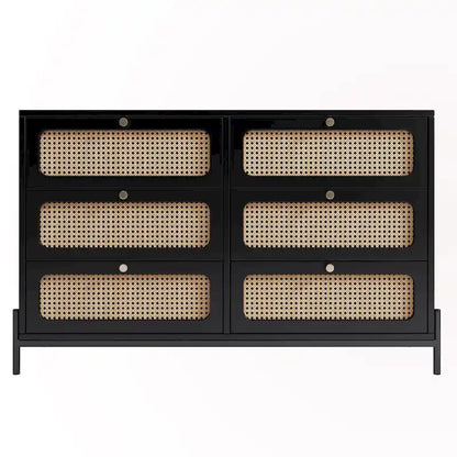 Commode 6 tiroirs en rotin – Noir/Noyer, Style bohème moderne, Assemblage à 2 personnes