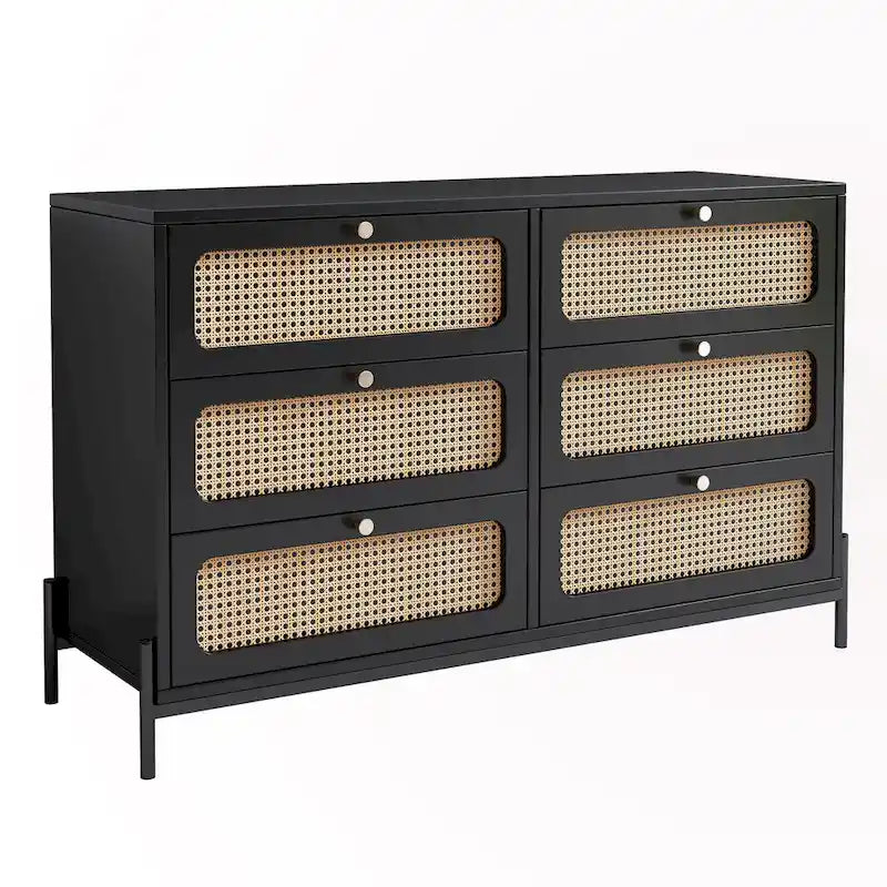 Commode 6 tiroirs en rotin – Noir/Noyer, Style bohème moderne, Assemblage à 2 personnes