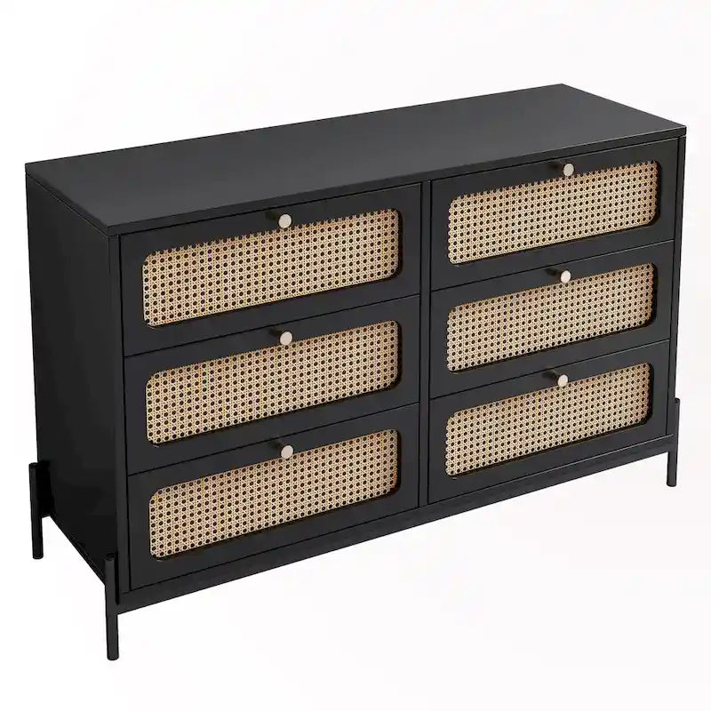 Commode 6 tiroirs en rotin – Noir/Noyer, Style bohème moderne, Assemblage à 2 personnes