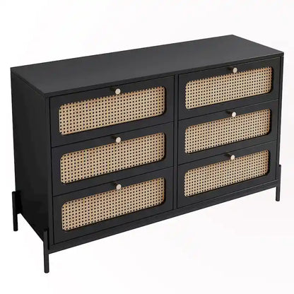 Commode 6 tiroirs en rotin – Noir/Noyer, Style bohème moderne, Assemblage à 2 personnes