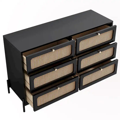 Commode 6 tiroirs en rotin – Noir/Noyer, Style bohème moderne, Assemblage à 2 personnes