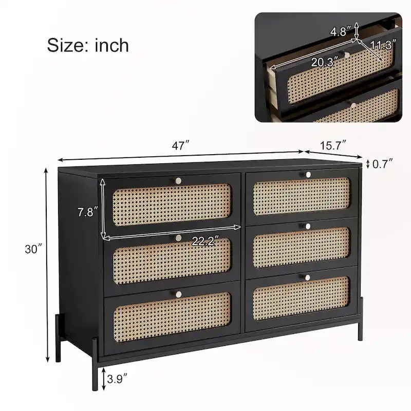 Commode 6 tiroirs en rotin – Noir/Noyer, Style bohème moderne, Assemblage à 2 personnes