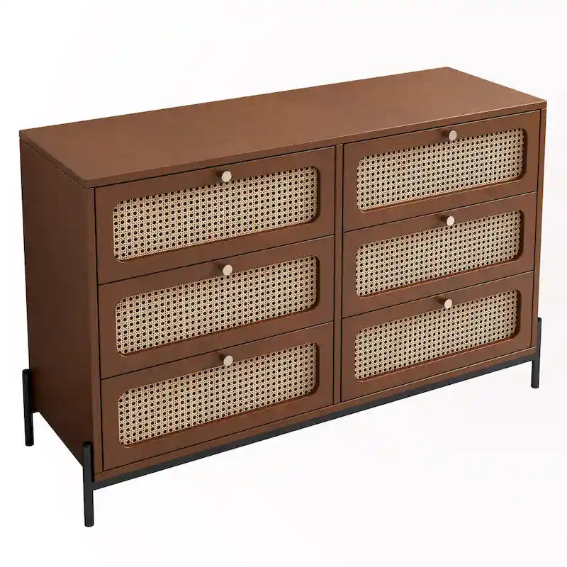 Commode 6 tiroirs en rotin – Noir/Noyer, Style bohème moderne, Assemblage à 2 personnes