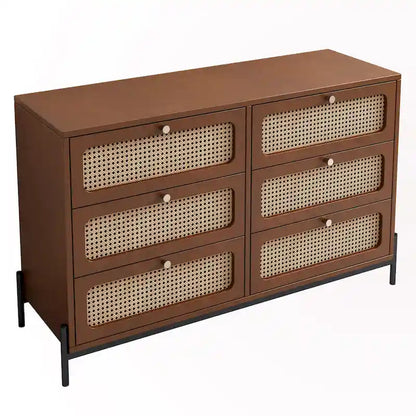 Commode 6 tiroirs en rotin – Noir/Noyer, Style bohème moderne, Assemblage à 2 personnes