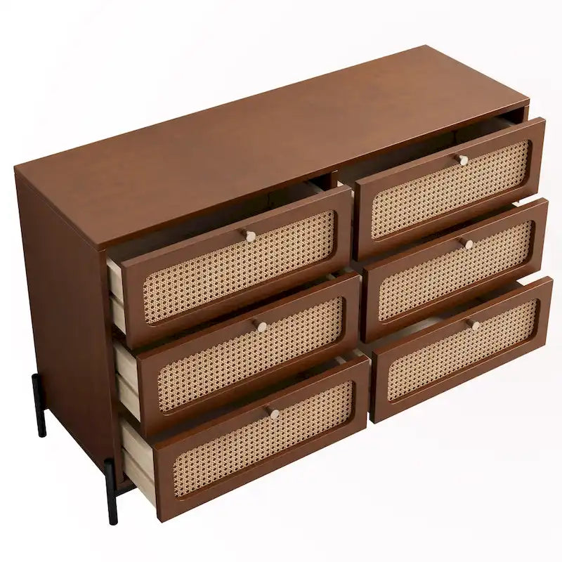 Commode 6 tiroirs en rotin – Noir/Noyer, Style bohème moderne, Assemblage à 2 personnes