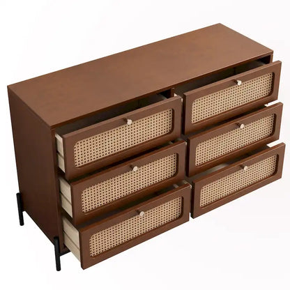 Commode 6 tiroirs en rotin – Noir/Noyer, Style bohème moderne, Assemblage à 2 personnes