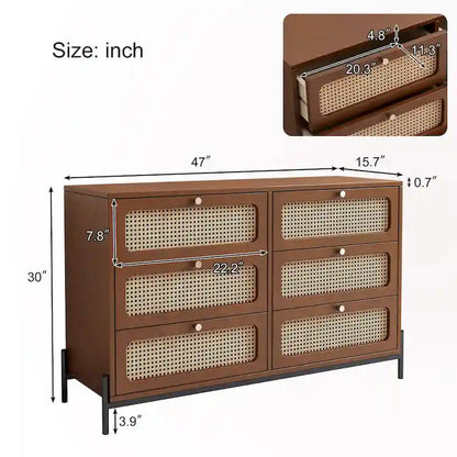 Commode 6 tiroirs en rotin – Noir/Noyer, Style bohème moderne, Assemblage à 2 personnes
