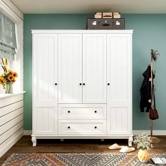 Armoire en bois blanc – Style traditionnel, 4 portes, 2 tiroirs, pour 1 personne