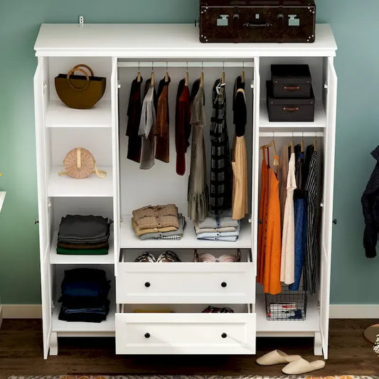Armoire en bois blanc – Style traditionnel, 4 portes, 2 tiroirs, pour 1 personne