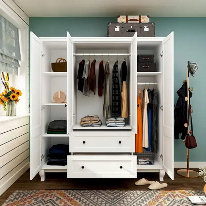 Armoire en bois blanc – Style traditionnel, 4 portes, 2 tiroirs, pour 1 personne