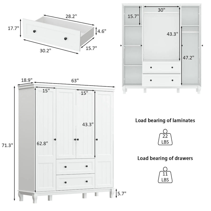Armoire en bois blanc – Style traditionnel, 4 portes, 2 tiroirs, pour 1 personne