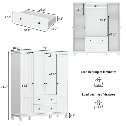 Armoire en bois blanc – Style traditionnel, 4 portes, 2 tiroirs, pour 1 personne