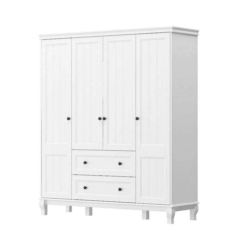 Armoire en bois blanc – Style traditionnel, 4 portes, 2 tiroirs, pour 1 personne