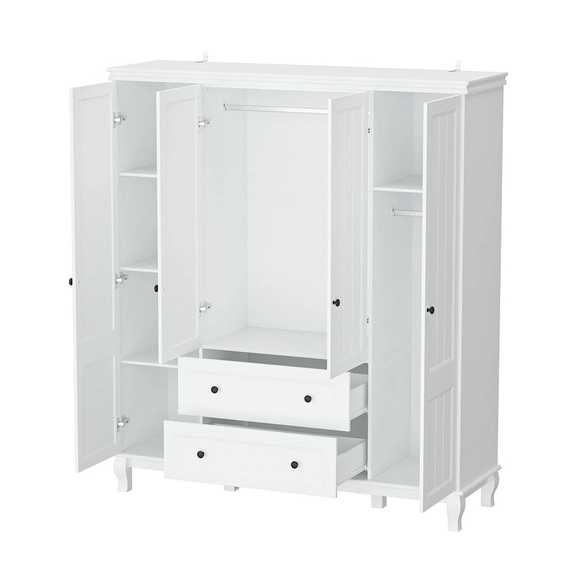Armoire en bois blanc – Style traditionnel, 4 portes, 2 tiroirs, pour 1 personne