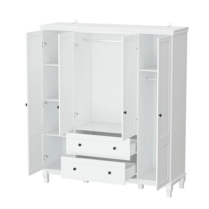 Armoire en bois blanc – Style traditionnel, 4 portes, 2 tiroirs, pour 1 personne