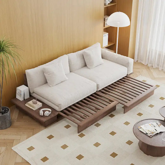 Canapé modulable en coton et lin – Finition bois – Siège simple / Lit convertible