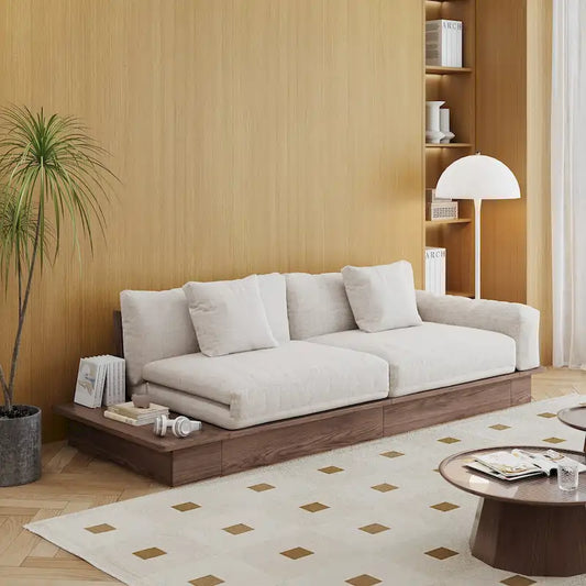 Canapé modulable en coton et lin – Finition bois – Siège simple / Lit convertible