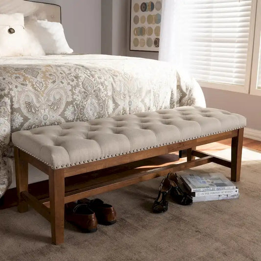 Banc rembourré capitonné – Gris / Beige, pieds en noyer, 2-3 places