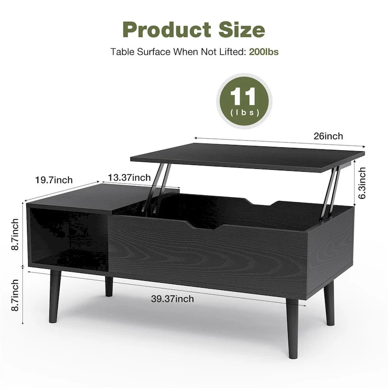 Table basse relevable avec rangement dissimulé – Marron rustique / Noir, 1 à 2 places