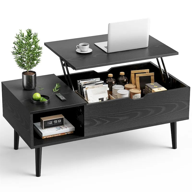 Table basse relevable avec rangement dissimulé – Marron rustique / Noir, 1 à 2 places