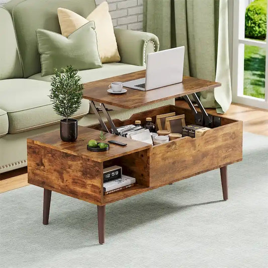 Table basse relevable avec rangement dissimulé – Marron rustique / Noir, 1 à 2 places