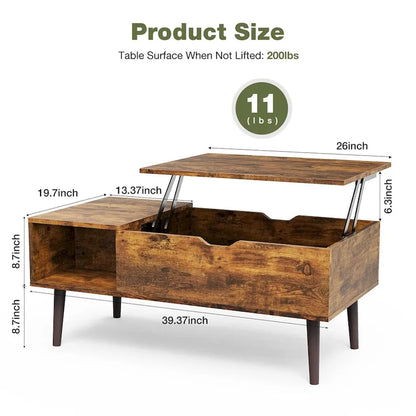 Table basse relevable avec rangement dissimulé – Marron rustique / Noir, 1 à 2 places