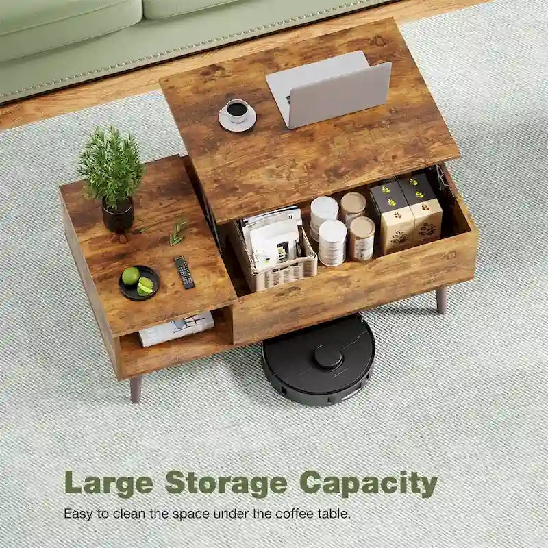 Table basse relevable avec rangement dissimulé – Marron rustique / Noir, 1 à 2 places