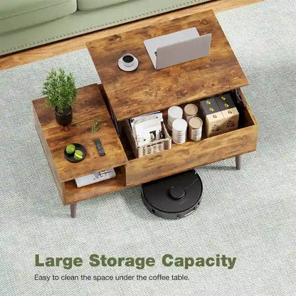 Table basse relevable avec rangement dissimulé – Marron rustique / Noir, 1 à 2 places
