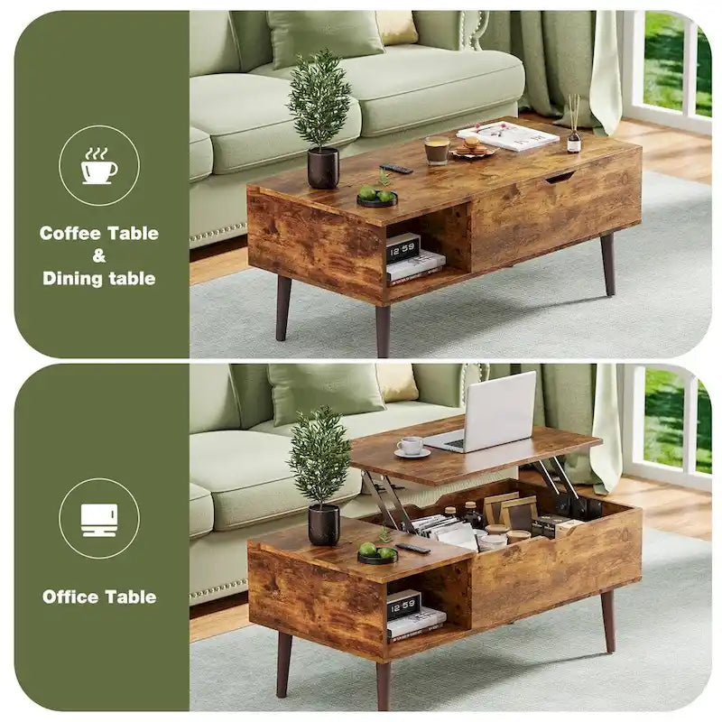 Table basse relevable avec rangement dissimulé – Marron rustique / Noir, 1 à 2 places