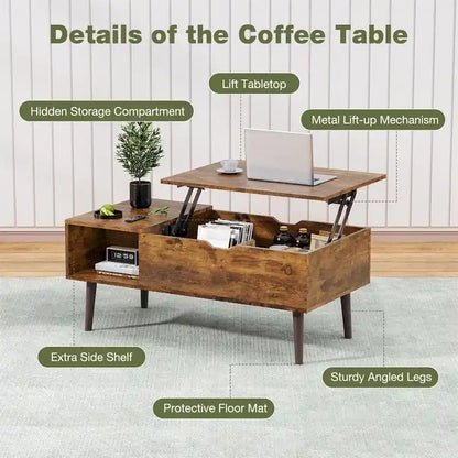 Table basse relevable avec rangement dissimulé – Marron rustique / Noir, 1 à 2 places