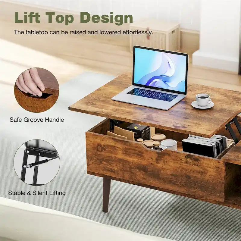 Table basse relevable avec rangement dissimulé – Marron rustique / Noir, 1 à 2 places