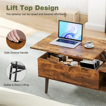 Table basse relevable avec rangement dissimulé – Marron rustique / Noir, 1 à 2 places