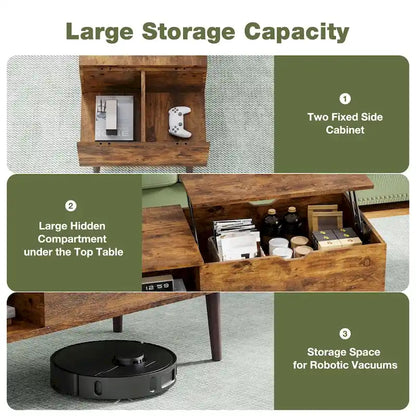 Table basse relevable avec rangement dissimulé – Marron rustique / Noir, 1 à 2 places