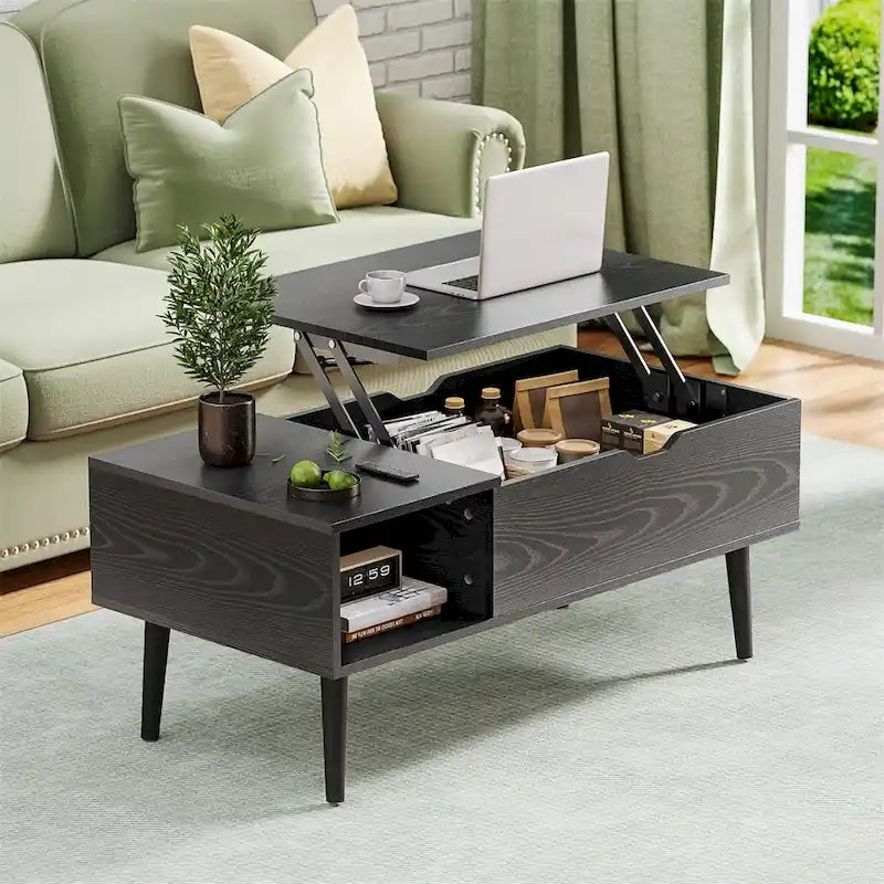 Table basse relevable avec rangement dissimulé – Marron rustique / Noir, 1 à 2 places