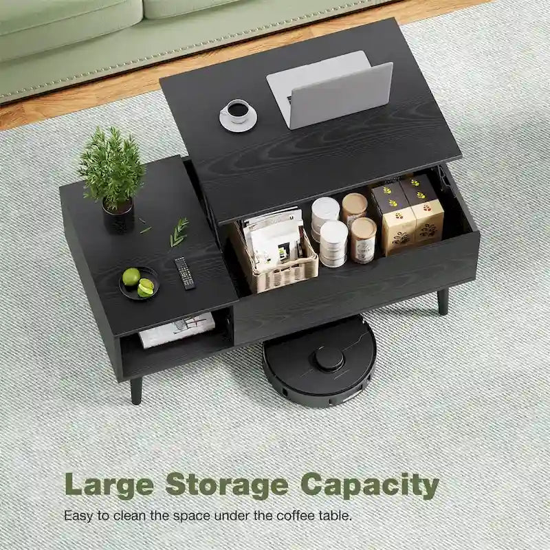 Table basse relevable avec rangement dissimulé – Marron rustique / Noir, 1 à 2 places
