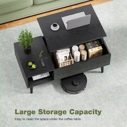 Table basse relevable avec rangement dissimulé – Marron rustique / Noir, 1 à 2 places