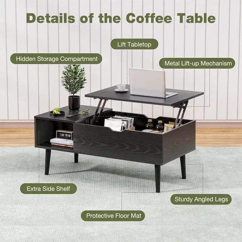 Table basse relevable avec rangement dissimulé – Marron rustique / Noir, 1 à 2 places