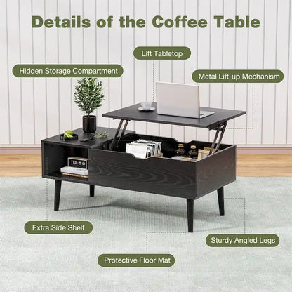 Table basse relevable avec rangement dissimulé – Marron rustique / Noir, 1 à 2 places