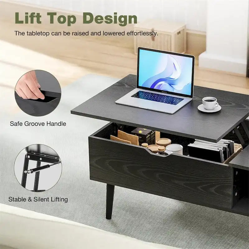 Table basse relevable avec rangement dissimulé – Marron rustique / Noir, 1 à 2 places