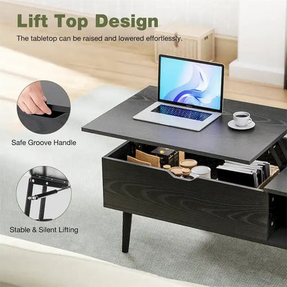 Table basse relevable avec rangement dissimulé – Marron rustique / Noir, 1 à 2 places