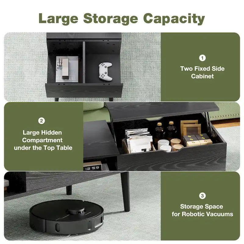 Table basse relevable avec rangement dissimulé – Marron rustique / Noir, 1 à 2 places