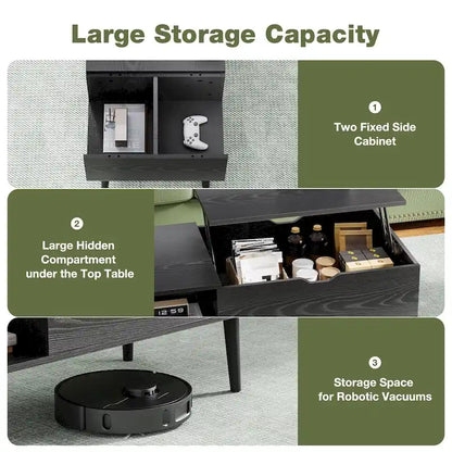 Table basse relevable avec rangement dissimulé – Marron rustique / Noir, 1 à 2 places