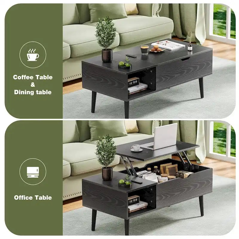 Table basse relevable avec rangement dissimulé – Marron rustique / Noir, 1 à 2 places