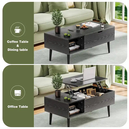Table basse relevable avec rangement dissimulé – Marron rustique / Noir, 1 à 2 places