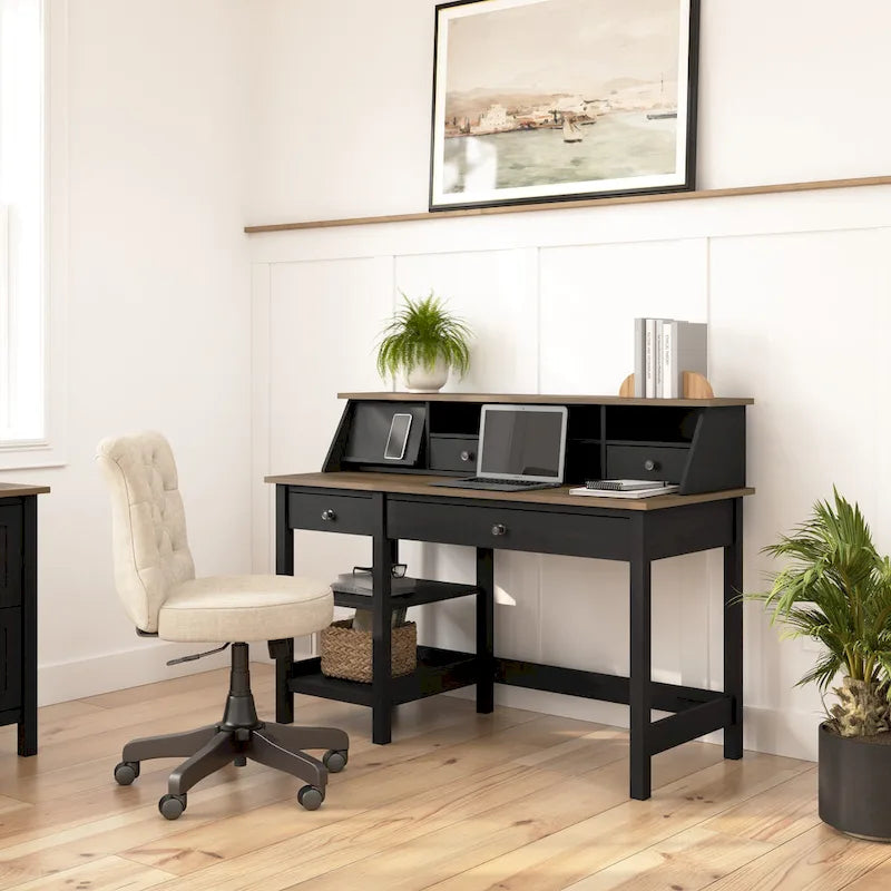 Bureau d'ordinateur de ferme avec étagères et organisateur de bureau – Gris shiplap / Noir vintage, 1 place